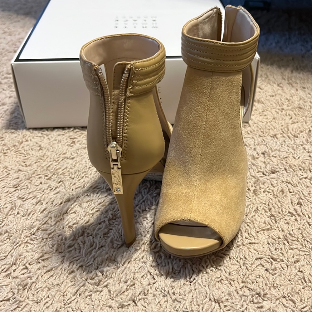White House, Black Martin tan heel booties